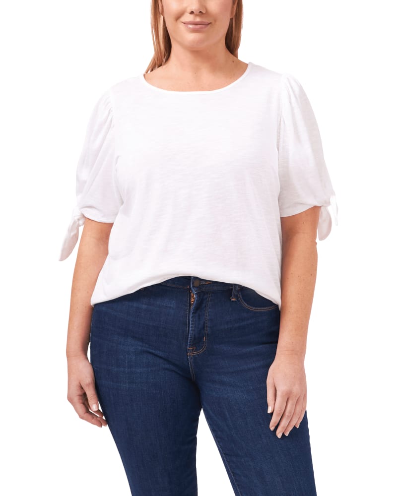 Front of a model wearing a size 1X Layla Tie-Sleeve Tee in 145-ULTRA WHITE by CeCe. | dia_product_style_image_id:263858